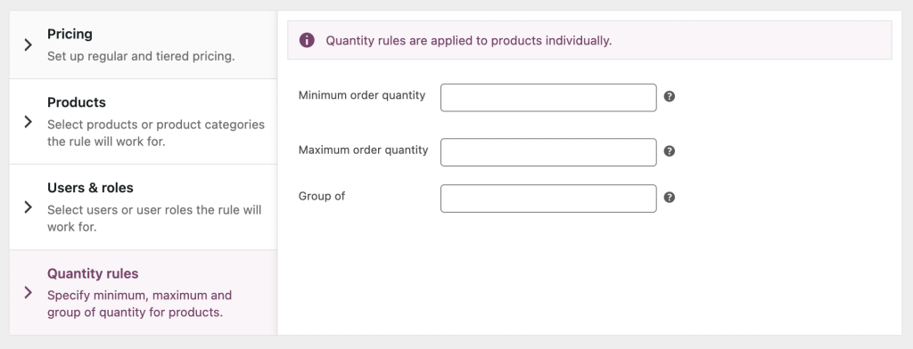 The Quantity tab of a global pricing rule