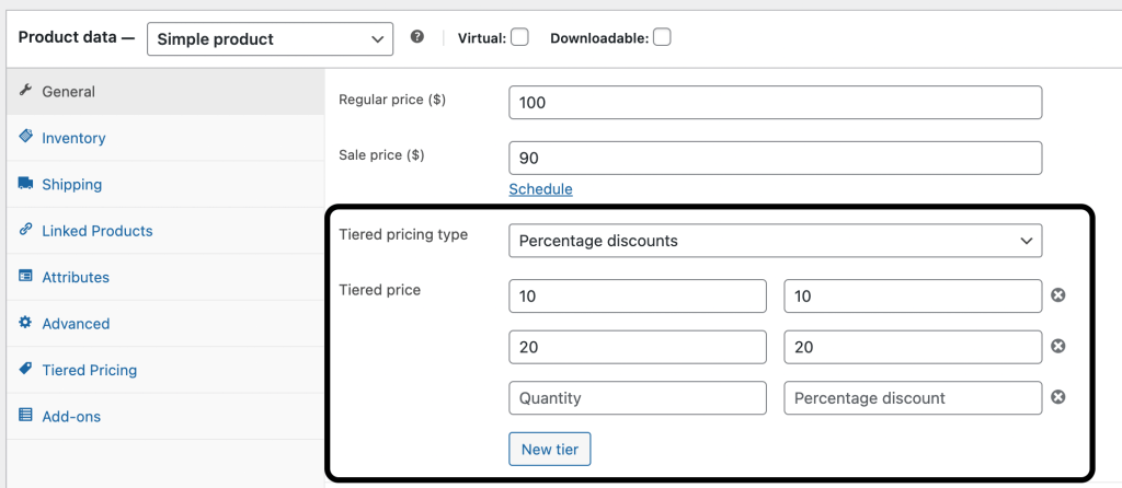 Tiered pricing fields in the product data