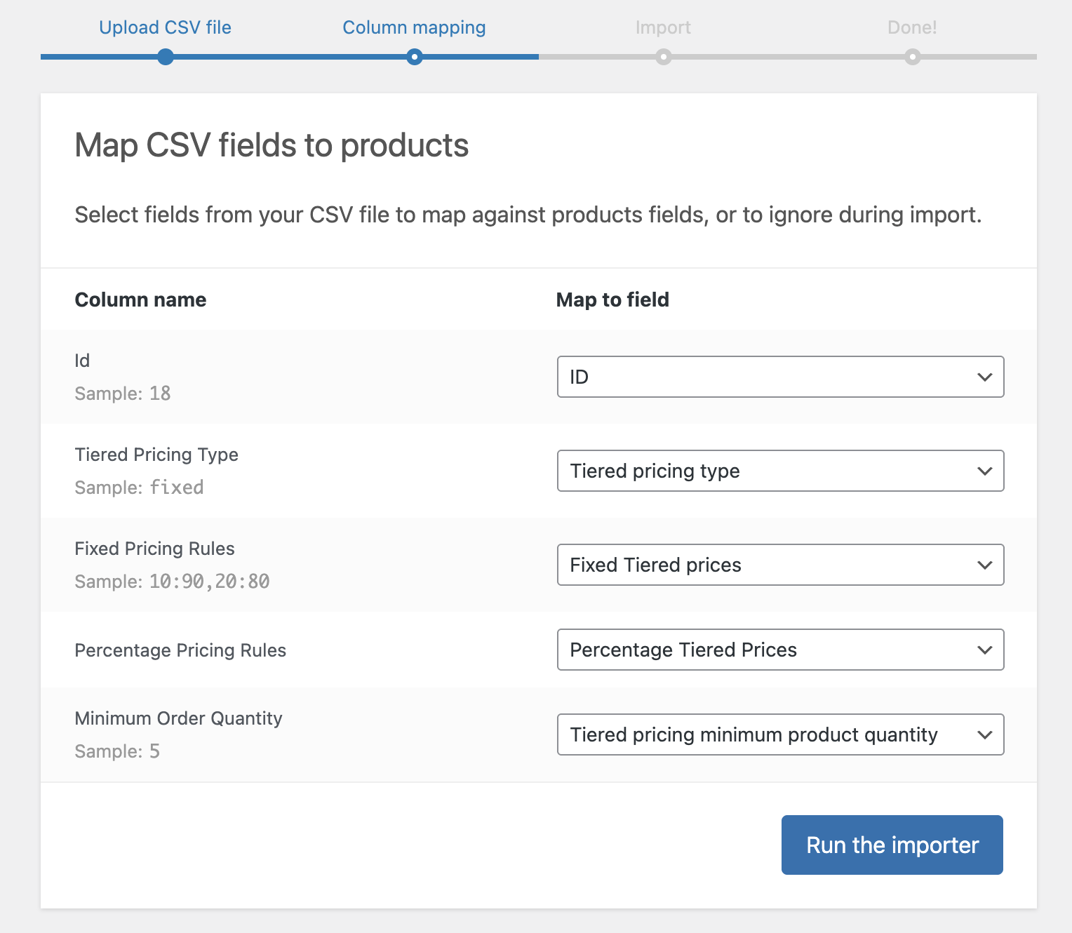 WooCommerce CSV importer column mapping