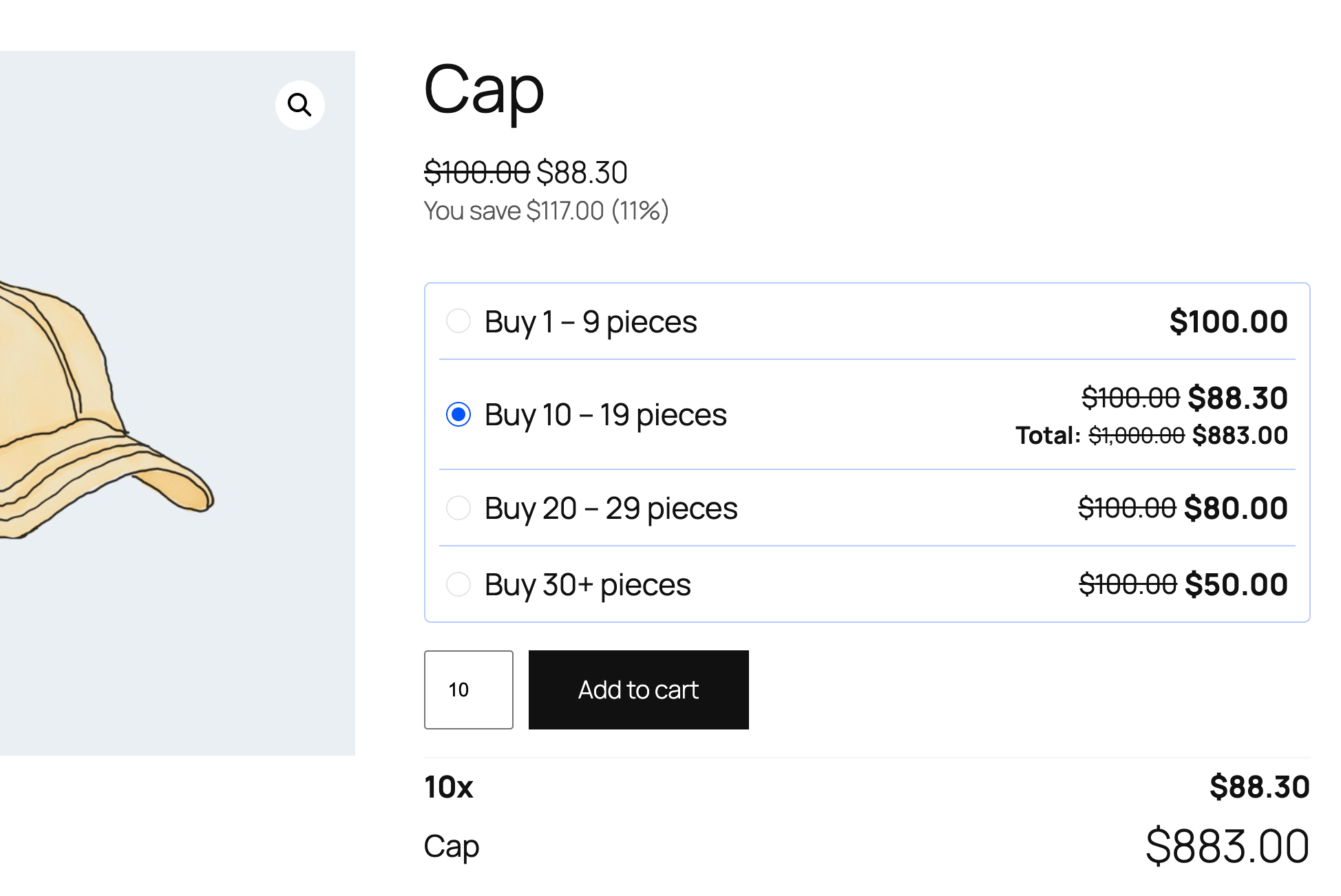 Product page with options layout, totals and You save