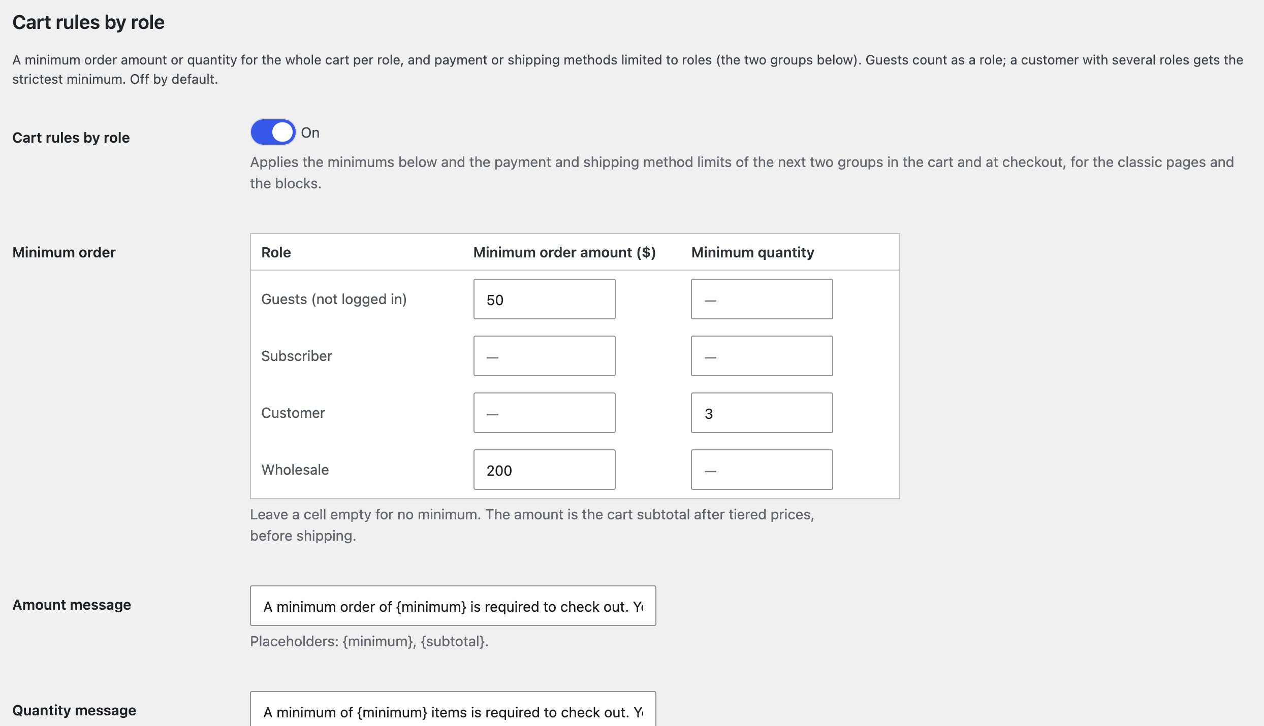 Cart rules by role settings