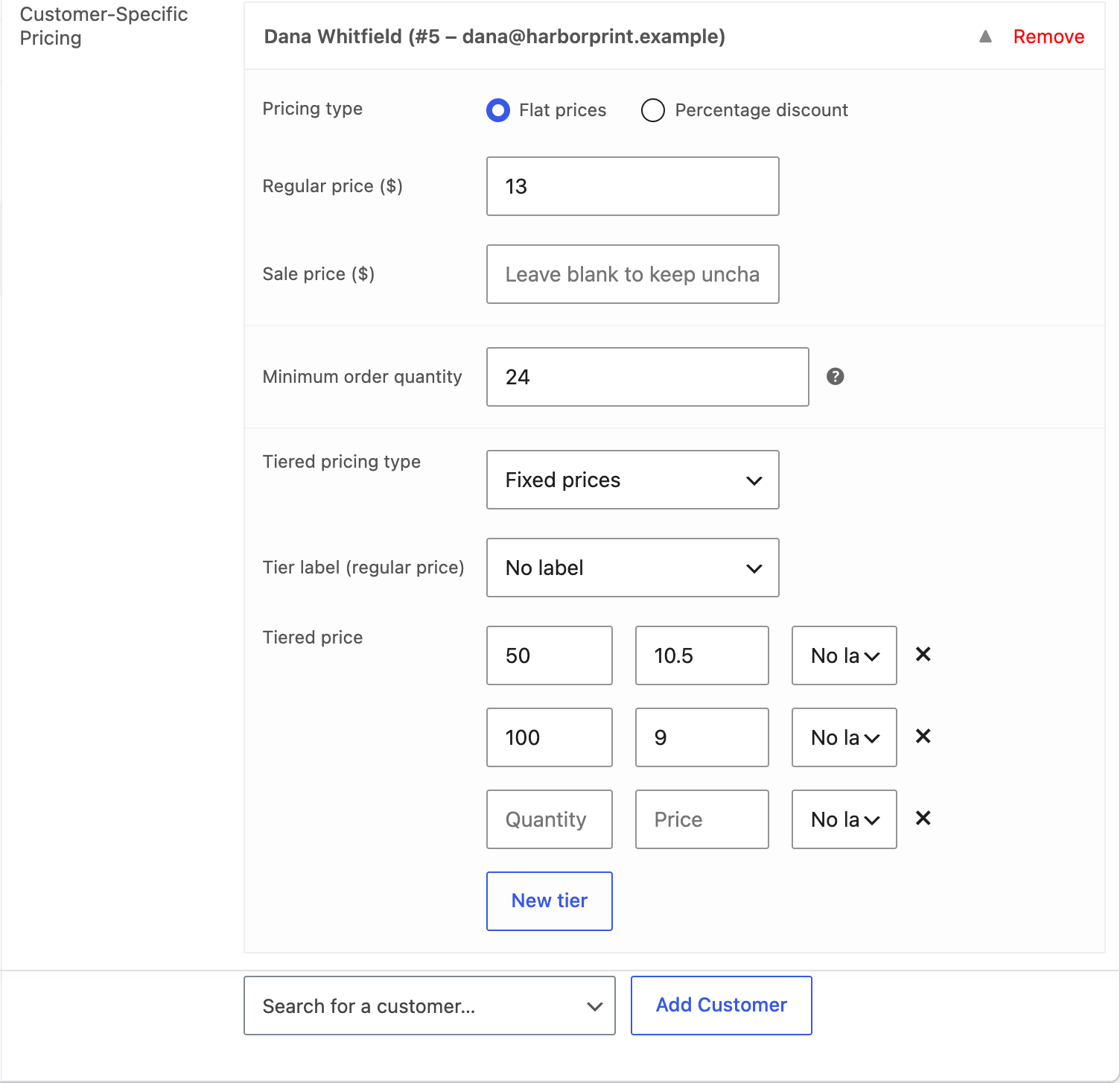 Customer-specific pricing on a product