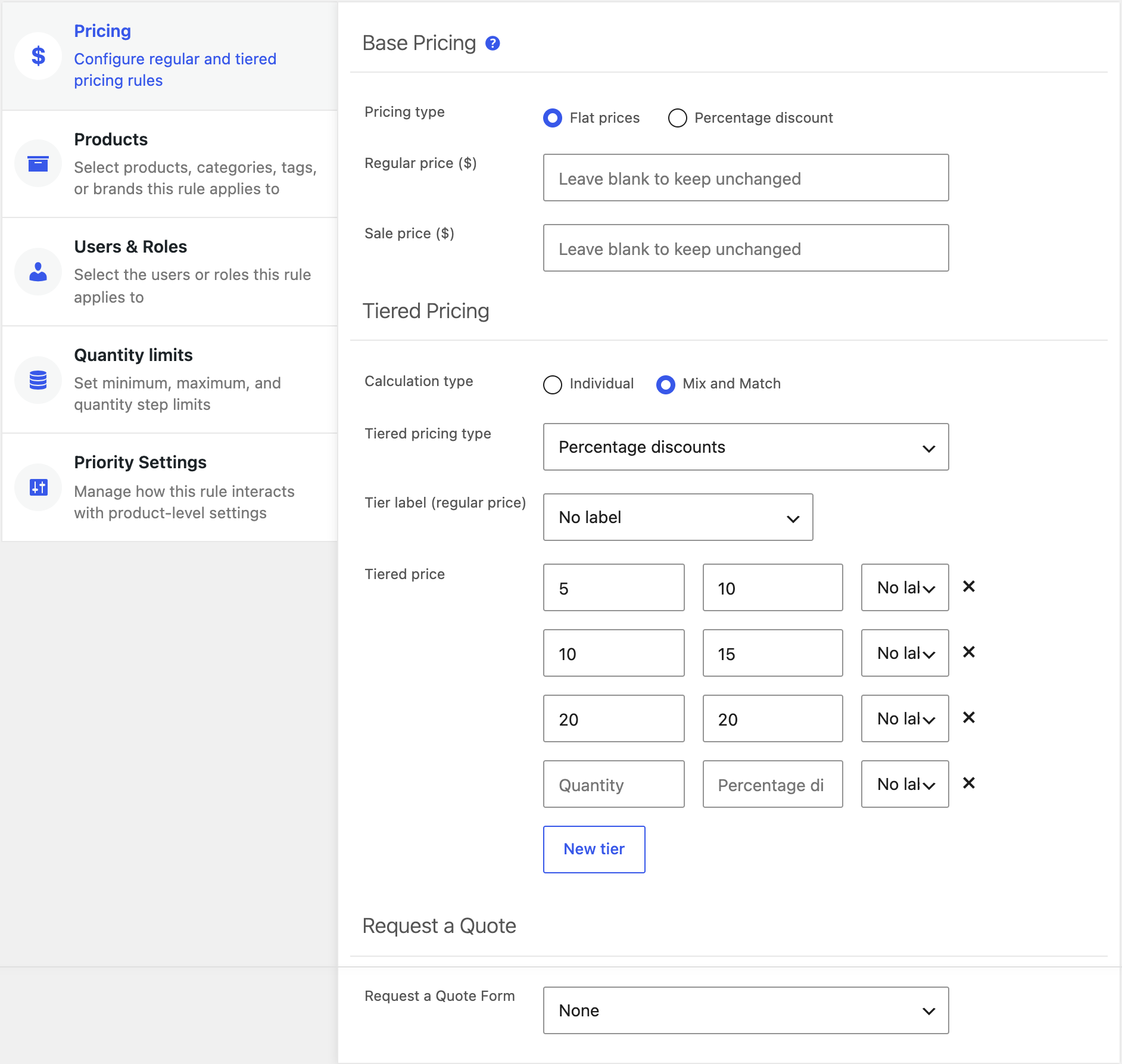 The Pricing tab of a global pricing rule