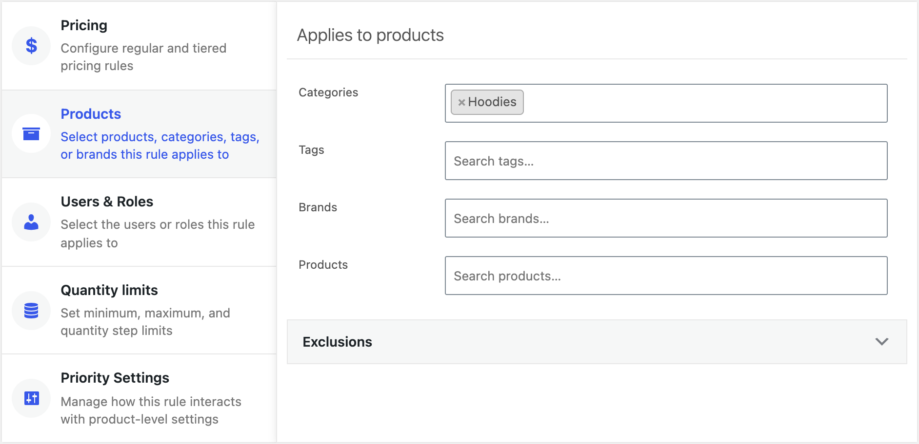 The Products tab of a global pricing rule