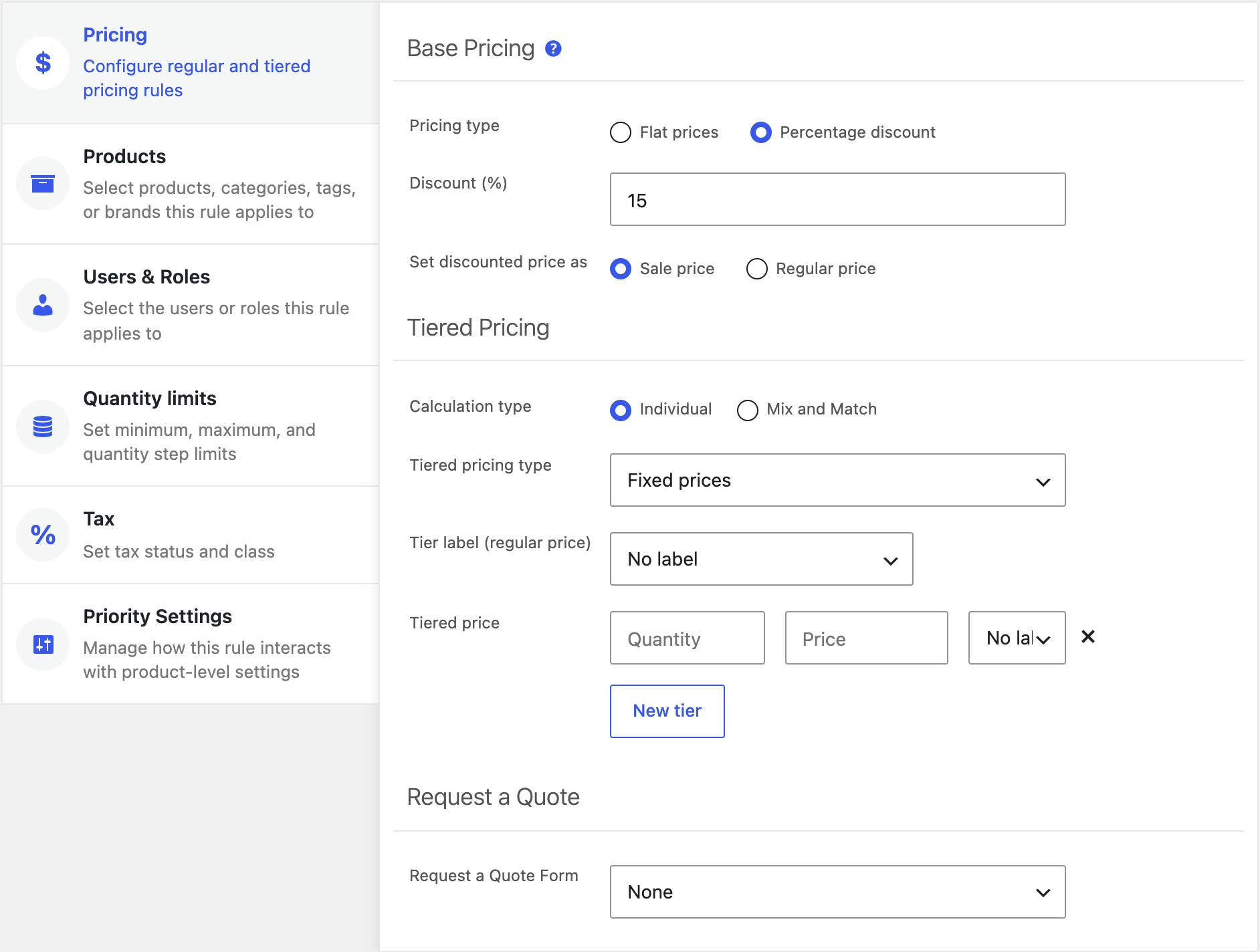 The Pricing tab of a global pricing rule