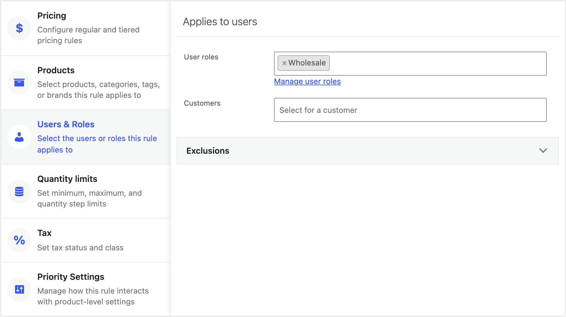 The Users & Roles tab of a global pricing rule