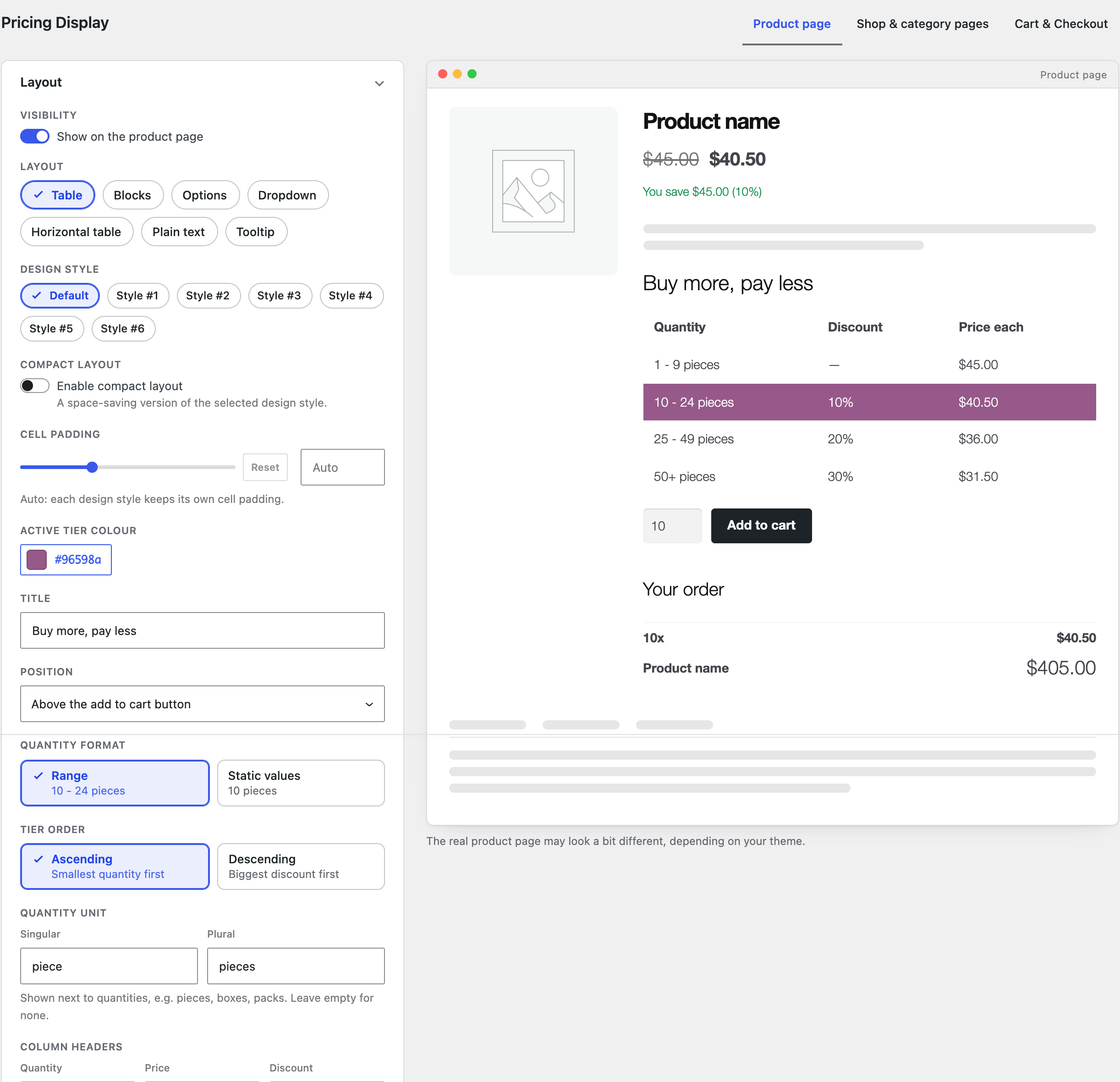 Layout configurator with the Product page tab and the live preview