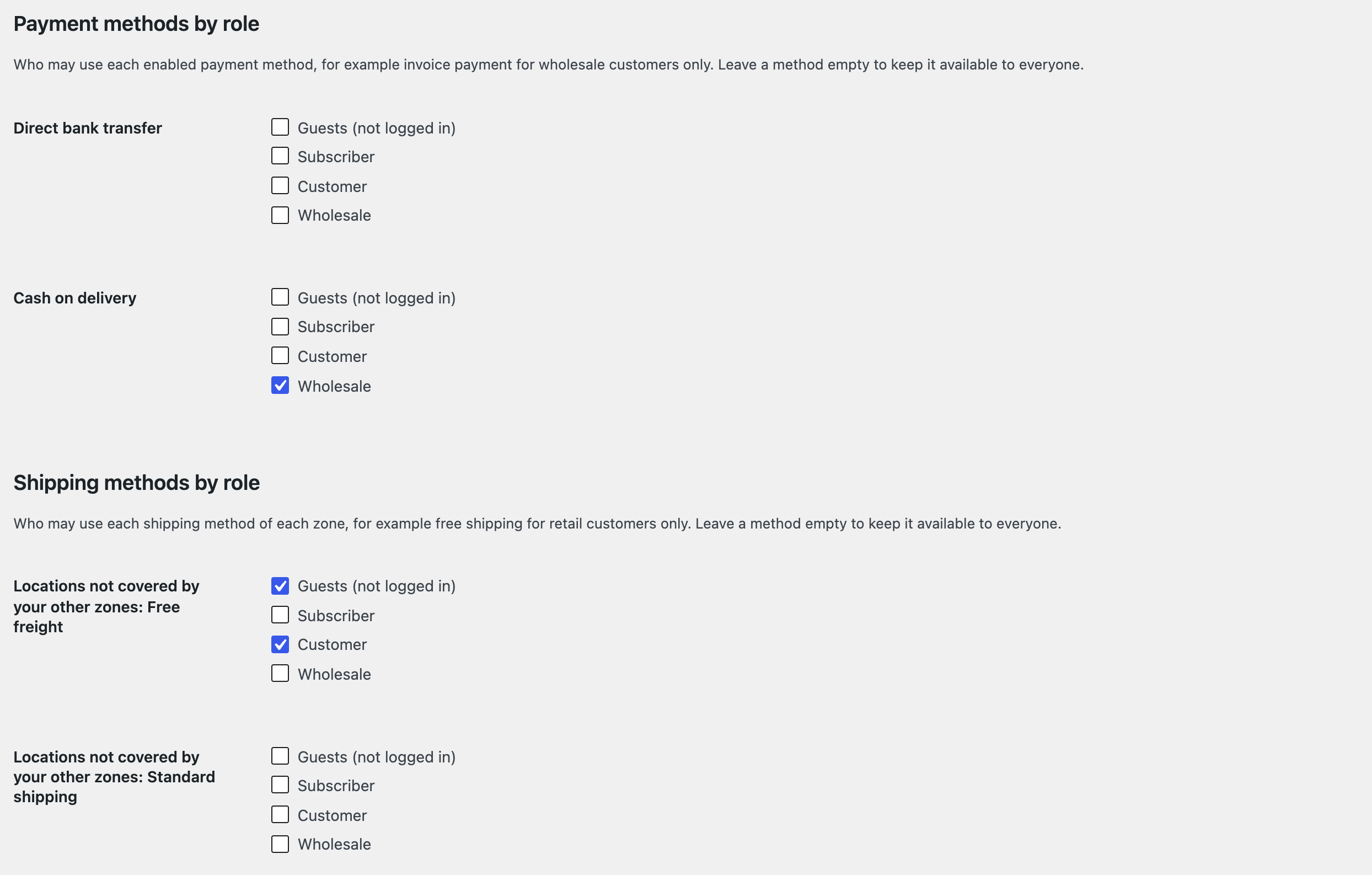 Payment and shipping methods by role