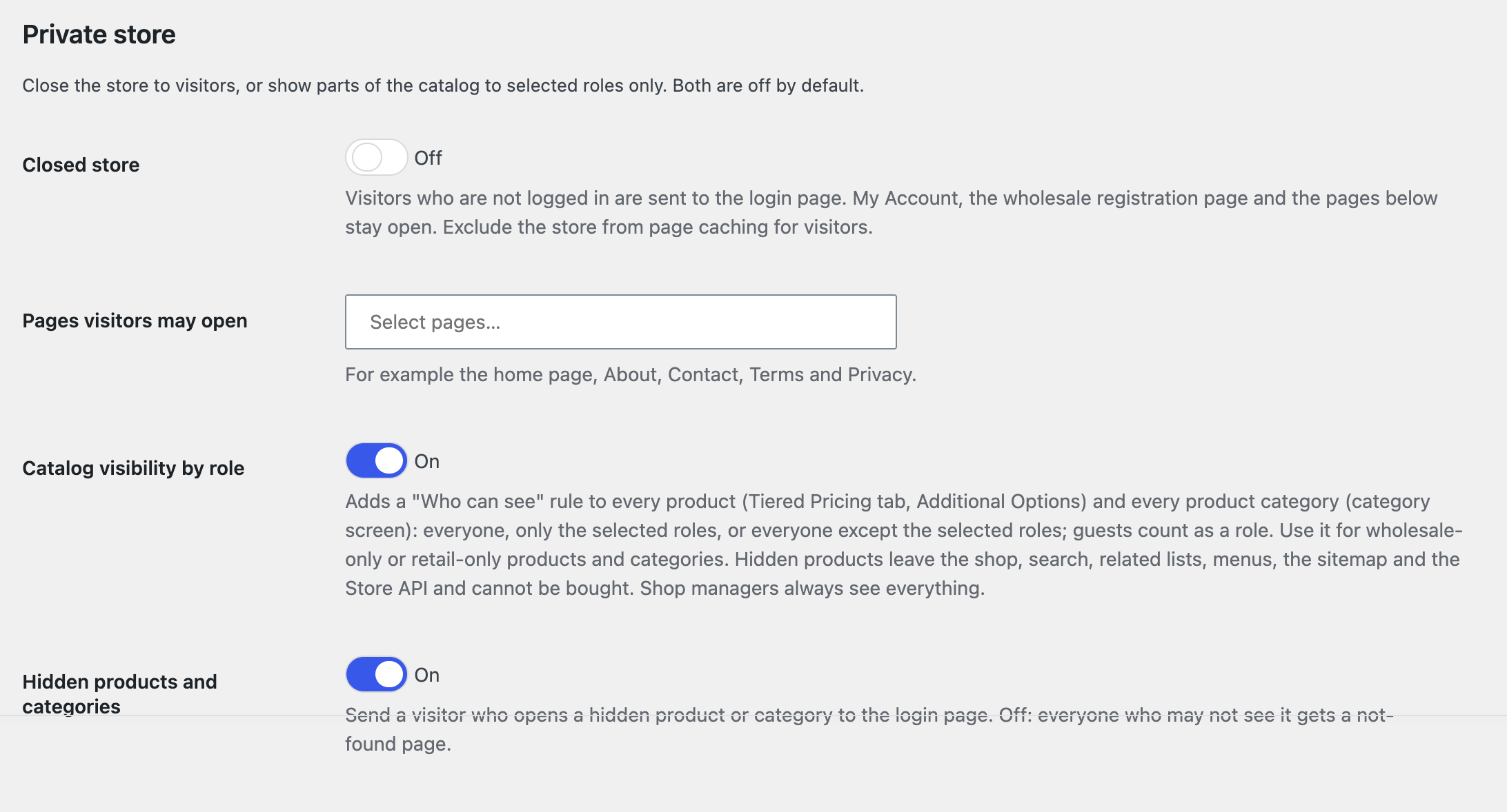 The Private store settings