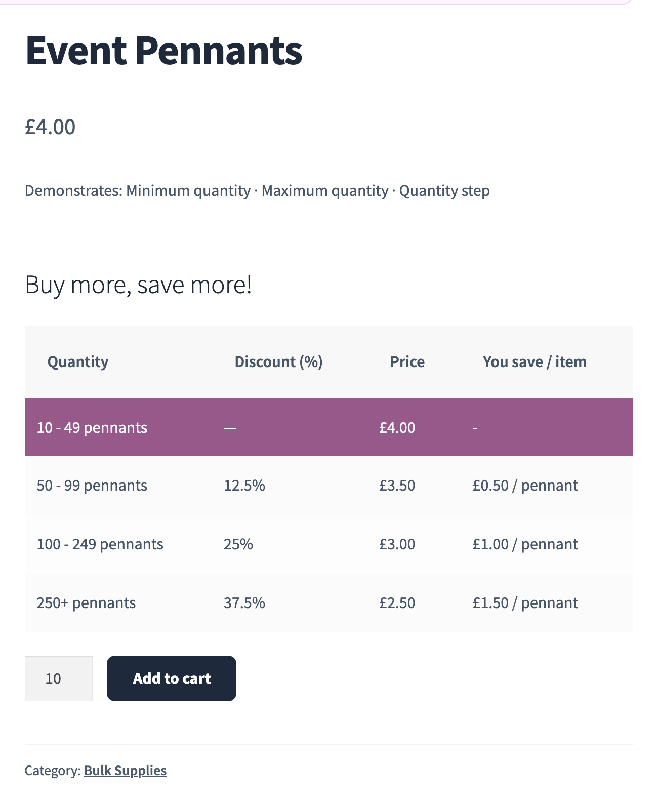 The product page with the quantity limits