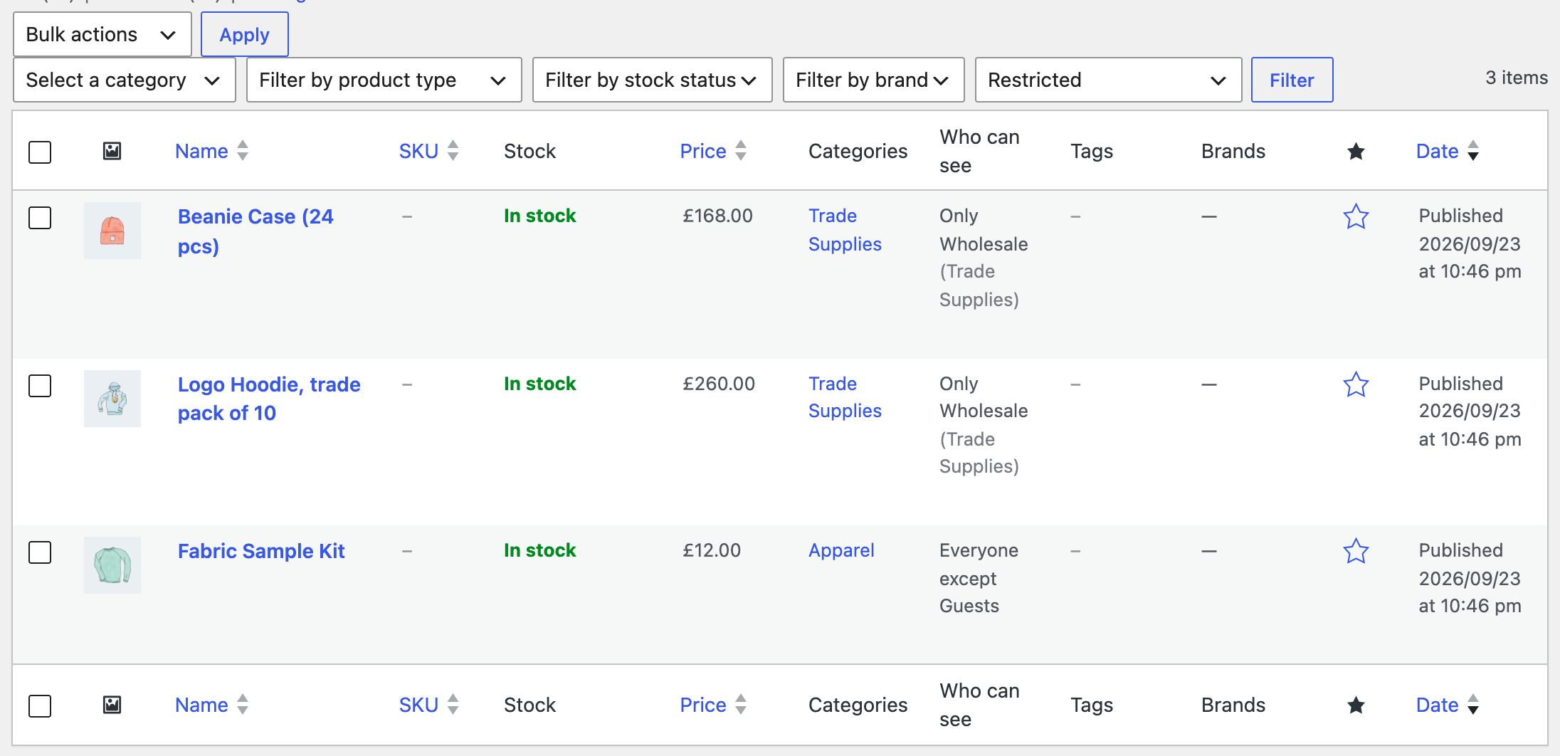 The products list with the Who can see column