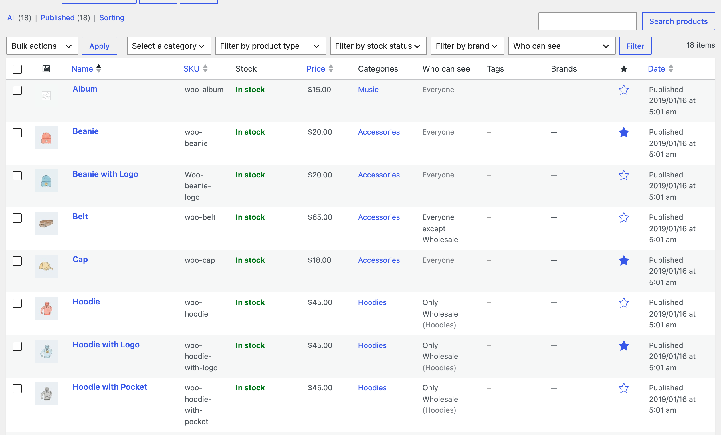 Products list with the Who can see column