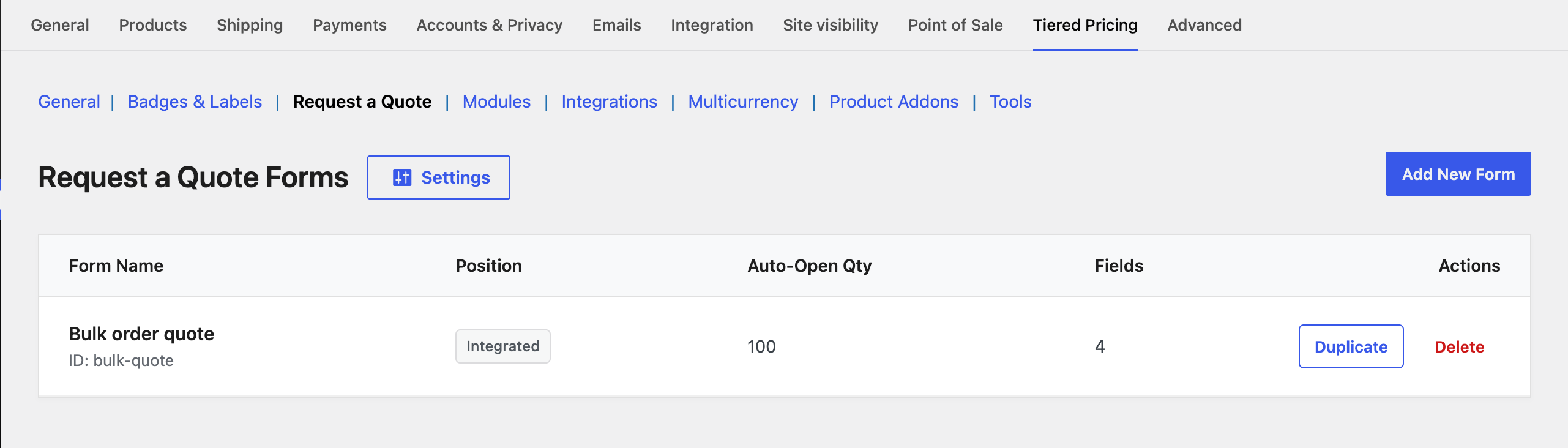 The quote form settings
