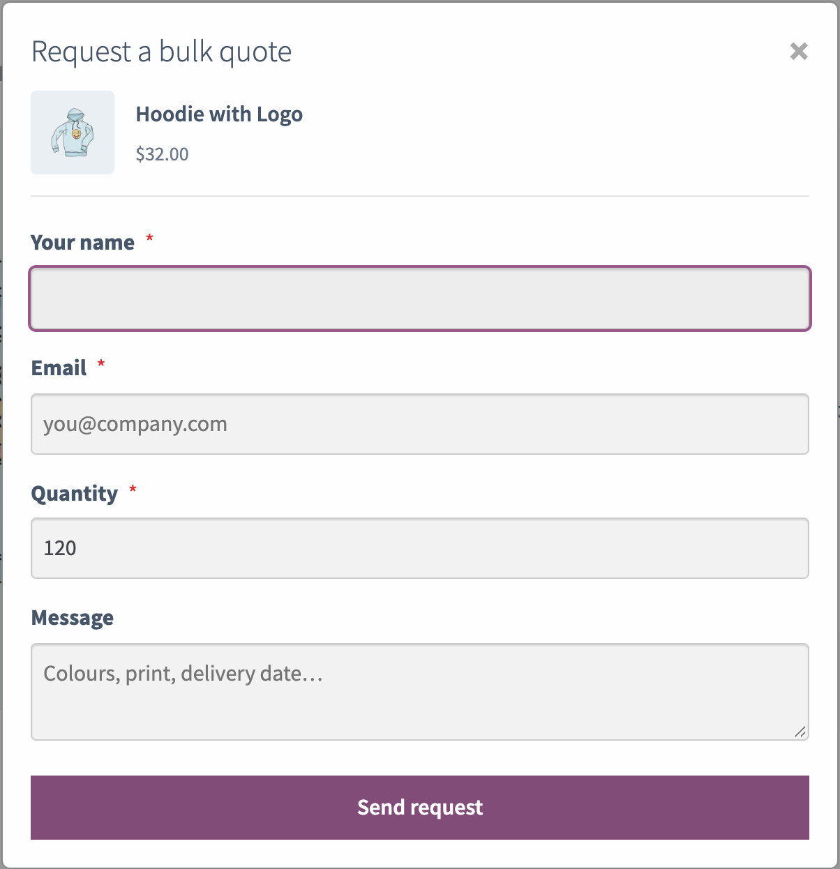 The quote form on the product page
