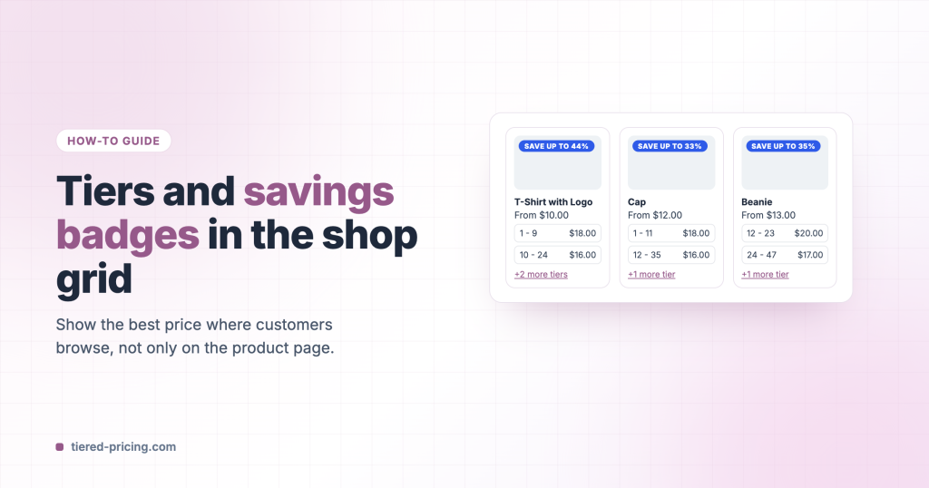 Tiers and savings badges in the shop grid