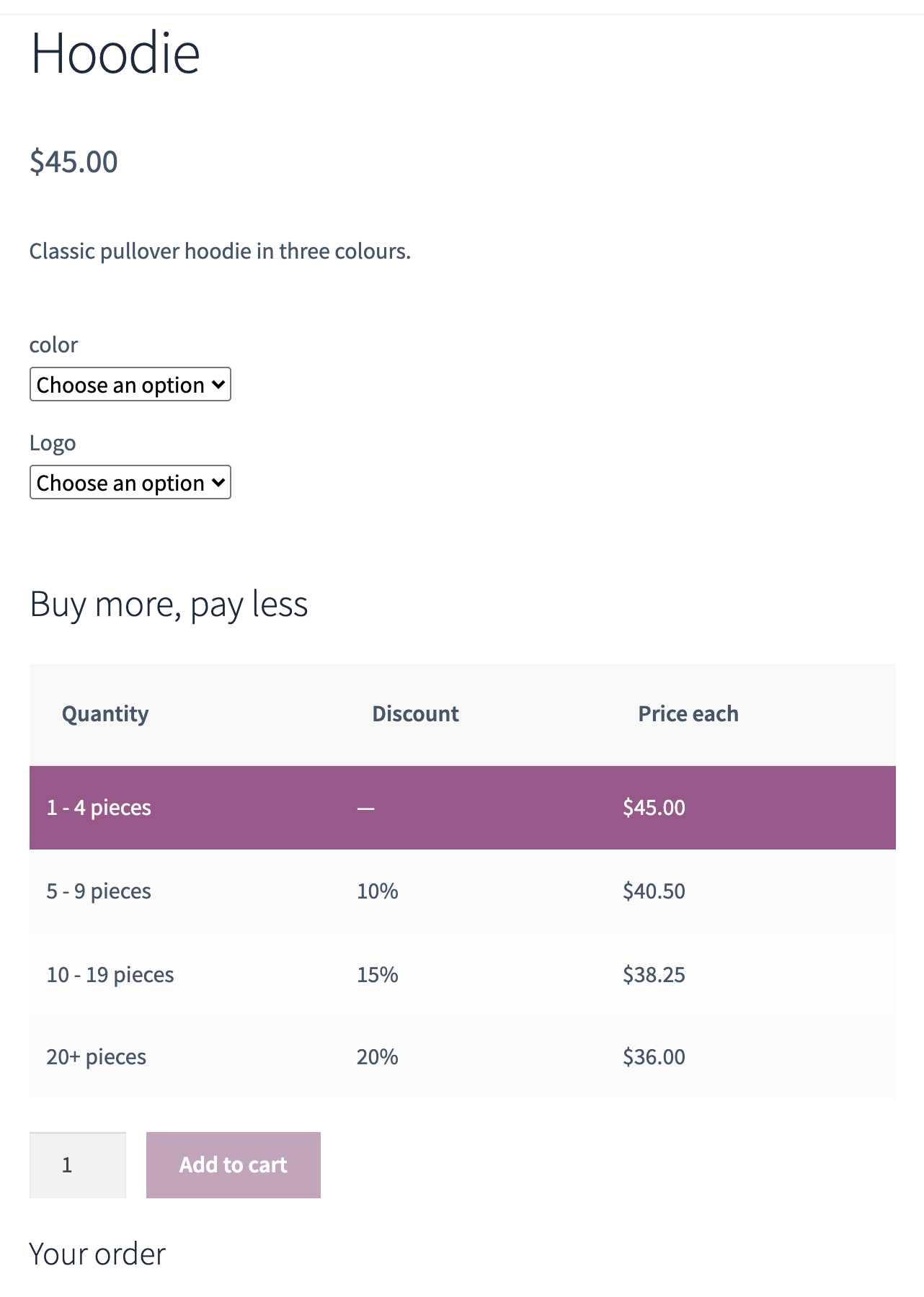 A variable product page with the pricing table shown before a variation is selected