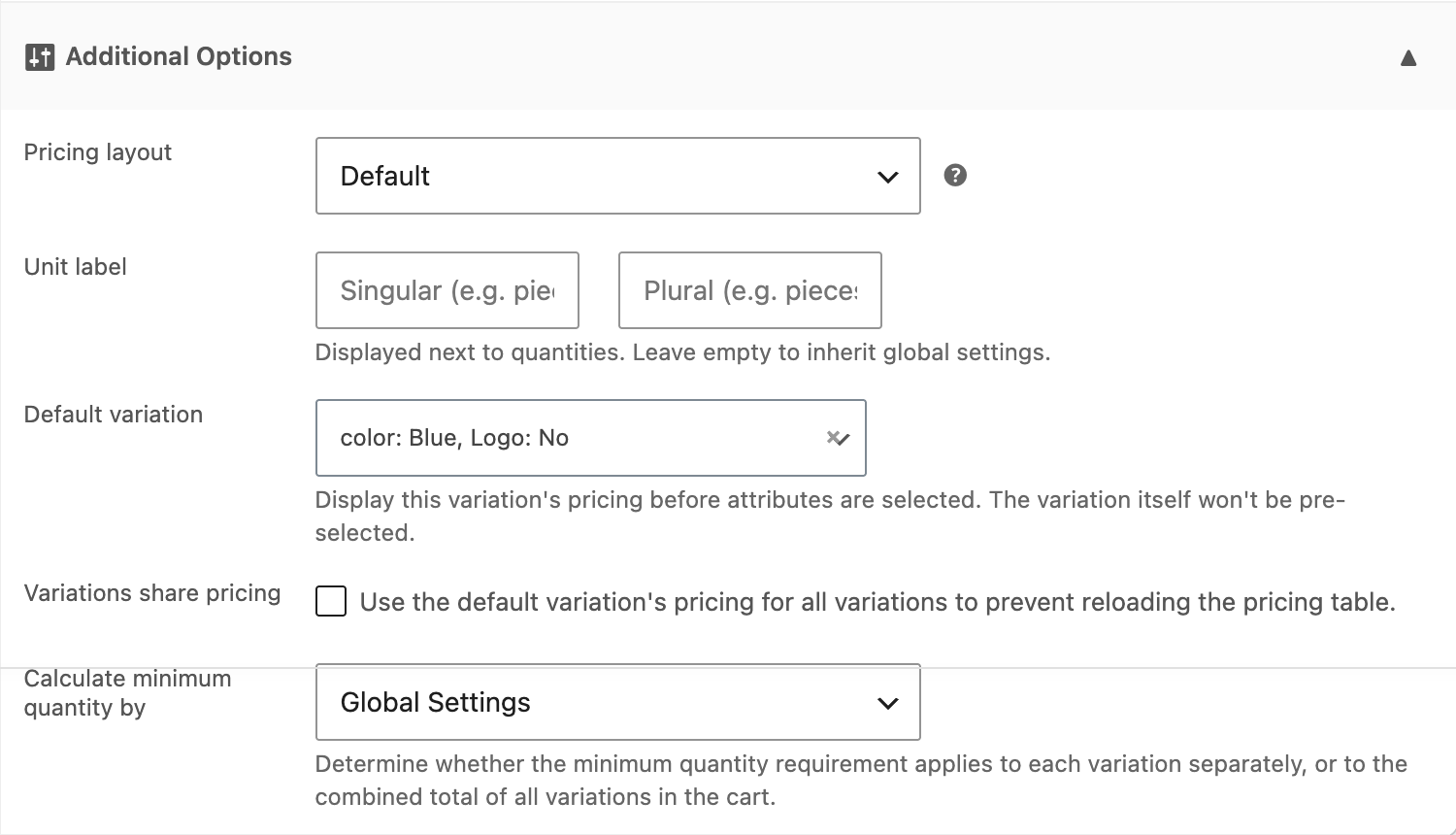 The Tiered Pricing tab of a variable product with the default variation and the shared pricing option