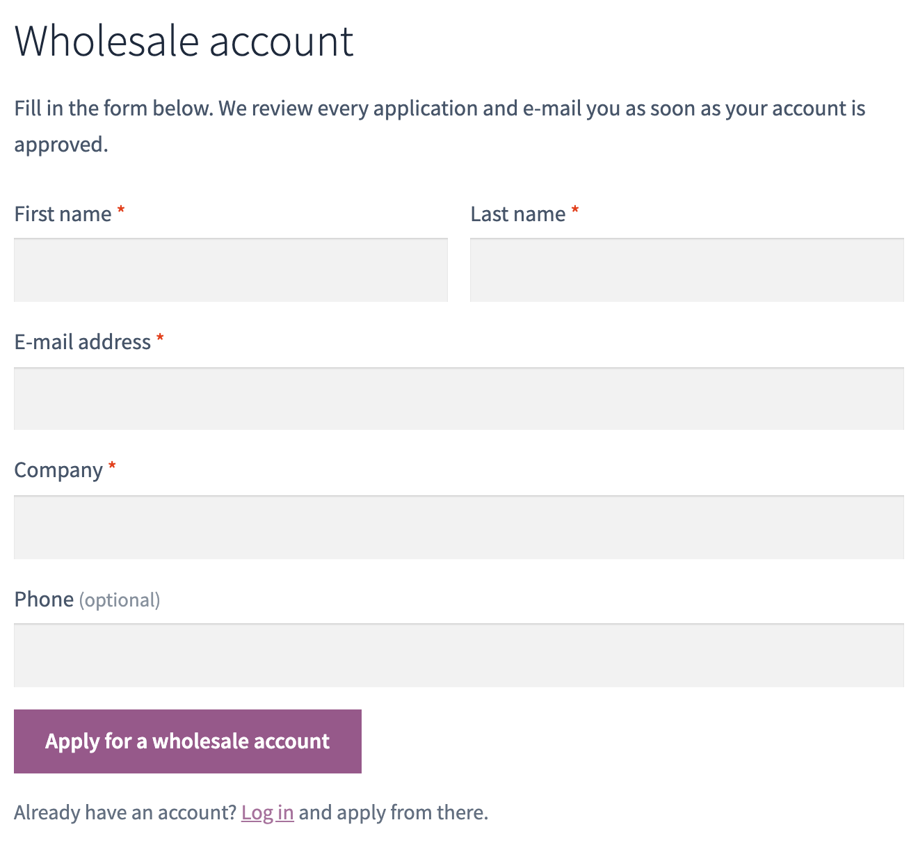 Wholesale registration form