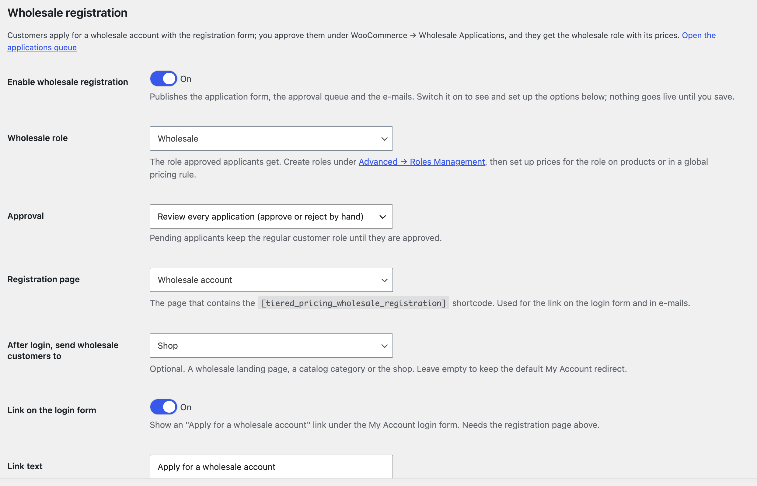 Wholesale registration settings