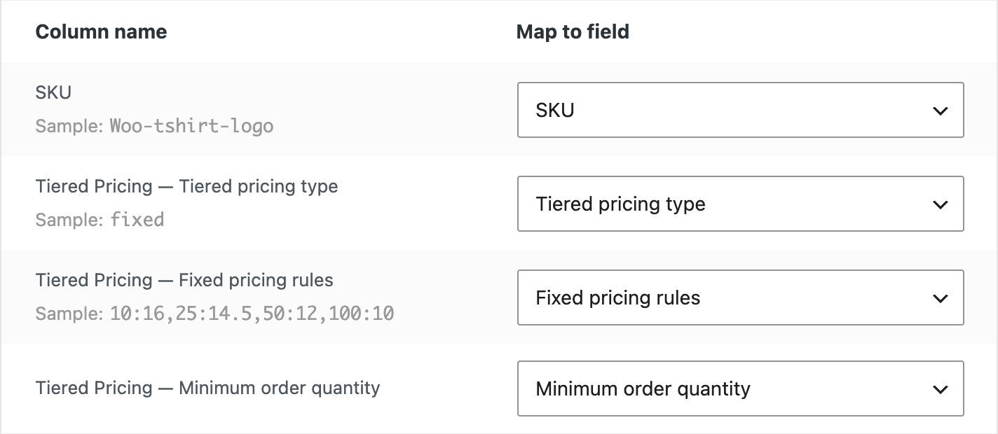 WooCommerce importer mapping screen with the tiered pricing columns matched