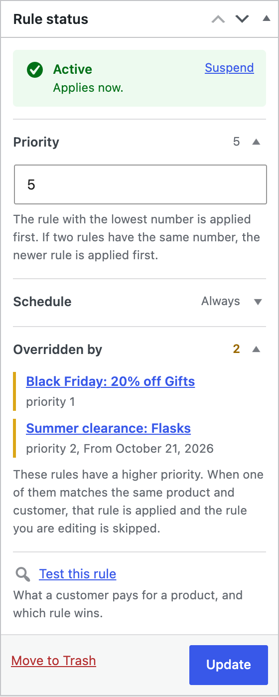 Rule status box