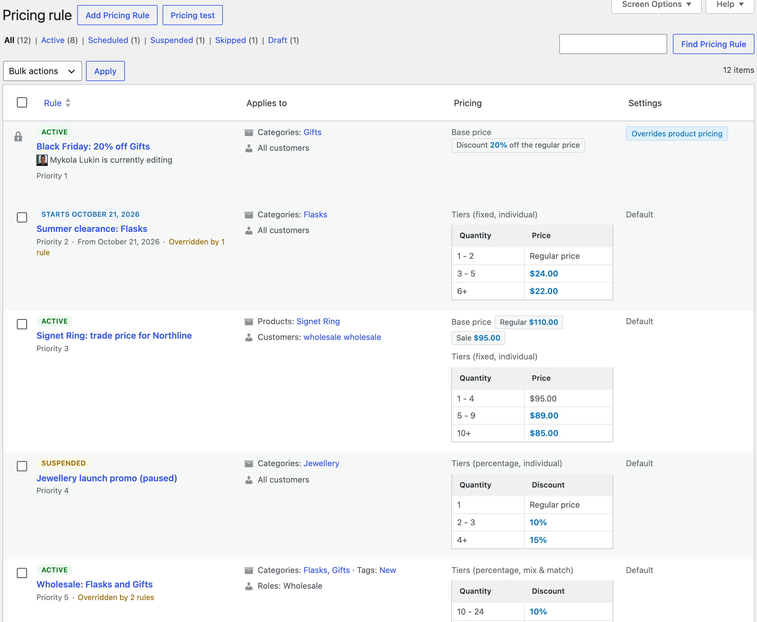 Pricing rules list